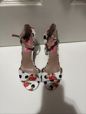 Betsey Johnson White Floral & Black Polka Dot Ankle Strap Block Heels